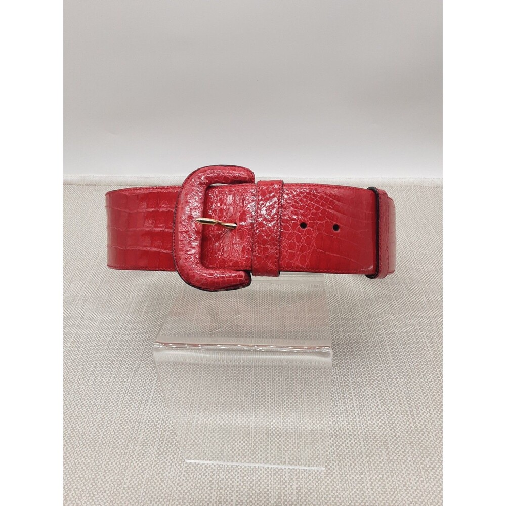 Donna Karan Wide Vintage Medium Belt Genuine Caiman Crocodile Red Rare Patent